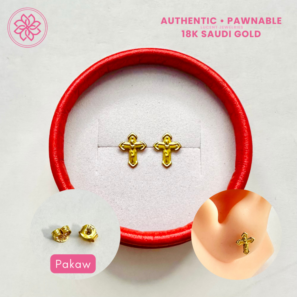 COD PAWNABLE 18K SAUDI GOLD Crucifix Stud Earrings Shopee Philippines