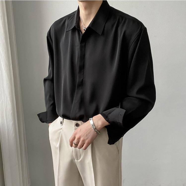 ACHSAWAKE Korean Fashion Men's Solid Color Classic Long-Sleeved Casual ...