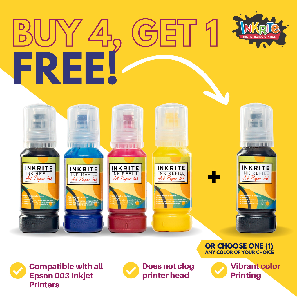 [BUY 4 GET 1 FREE] Inkrite Art Paper Pigment Ink for Epson 003 Inkjet ...