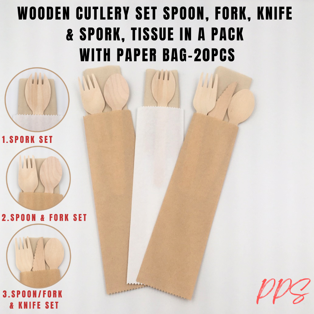 Wooden Cutlery Set Spoon, Fork, Knife & Spork, Tissue in a Pack with