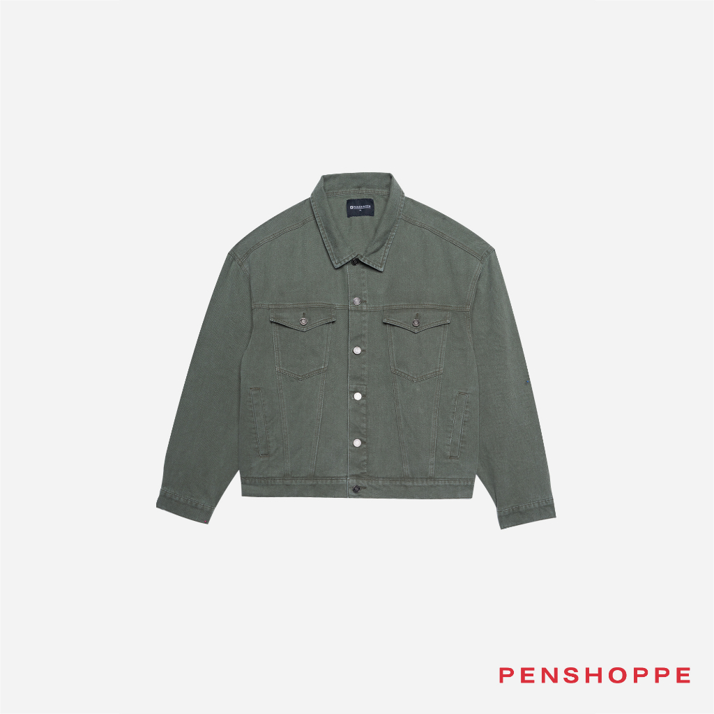 Penshoppe Oversized Washed Denim Jacket For Men (Olive) | Shopee ...
