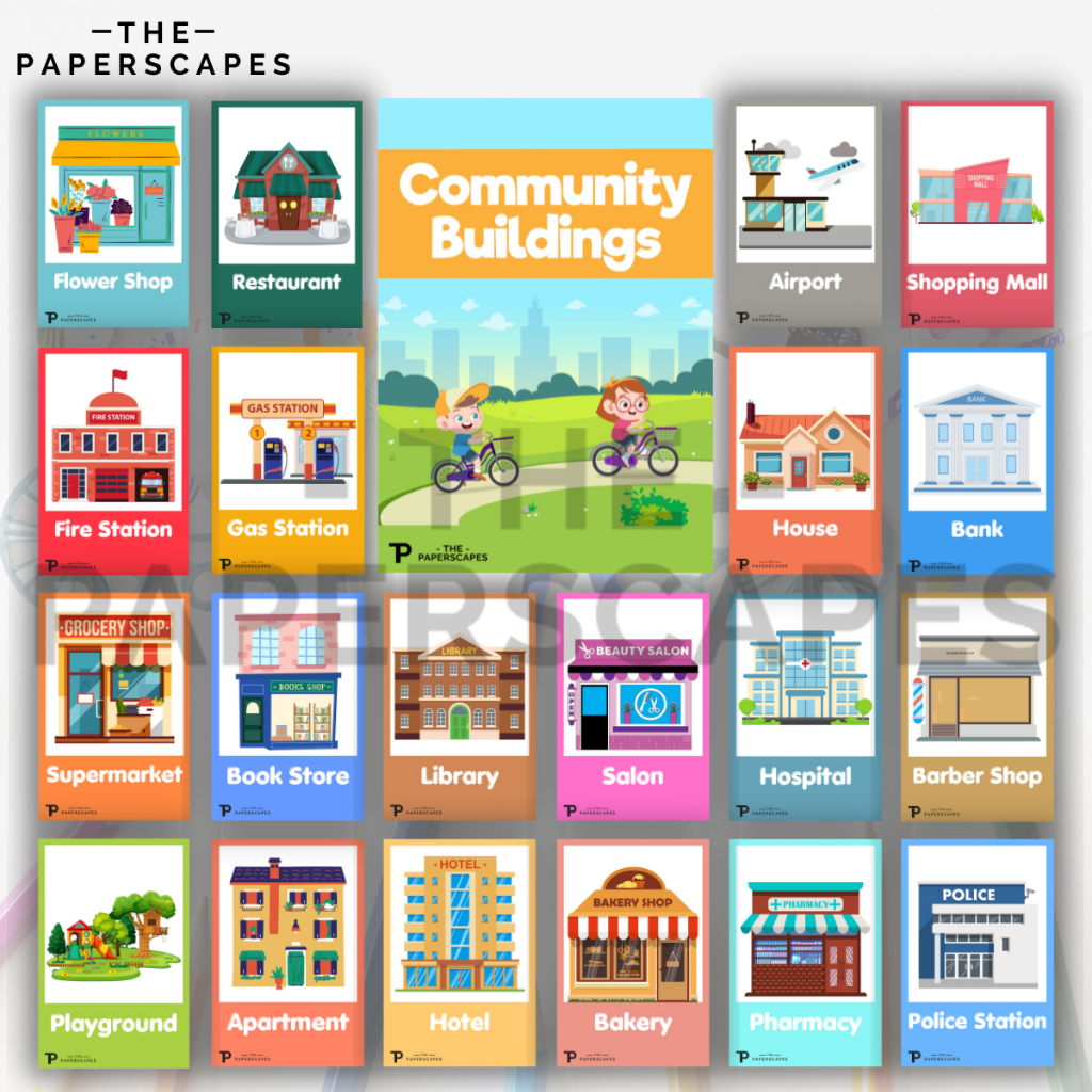 'COMMUNITY BUILDINGS' Fully Laminated Educational Flashcards [24 pcs ...