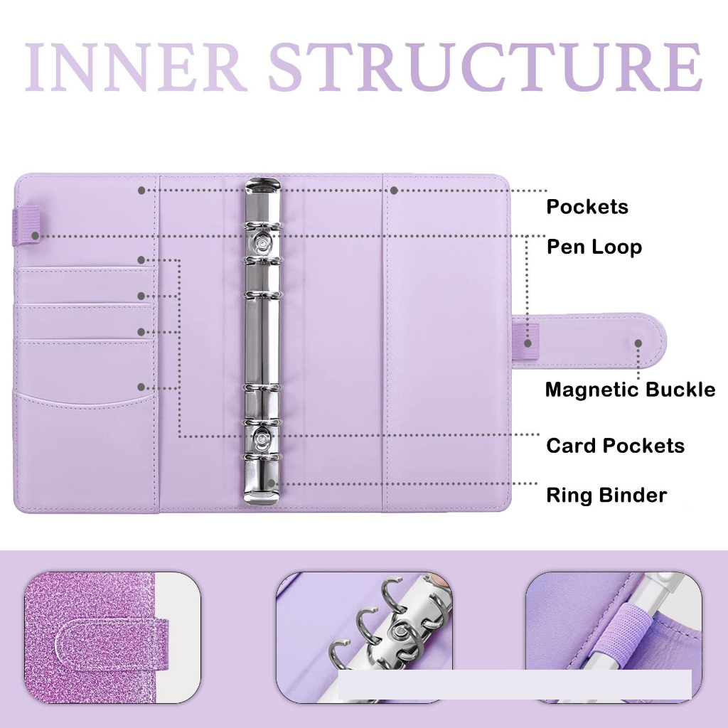 Rose Gold Lavender Crystal PU A6 Notebook Organizer Binder + Zip lock ...