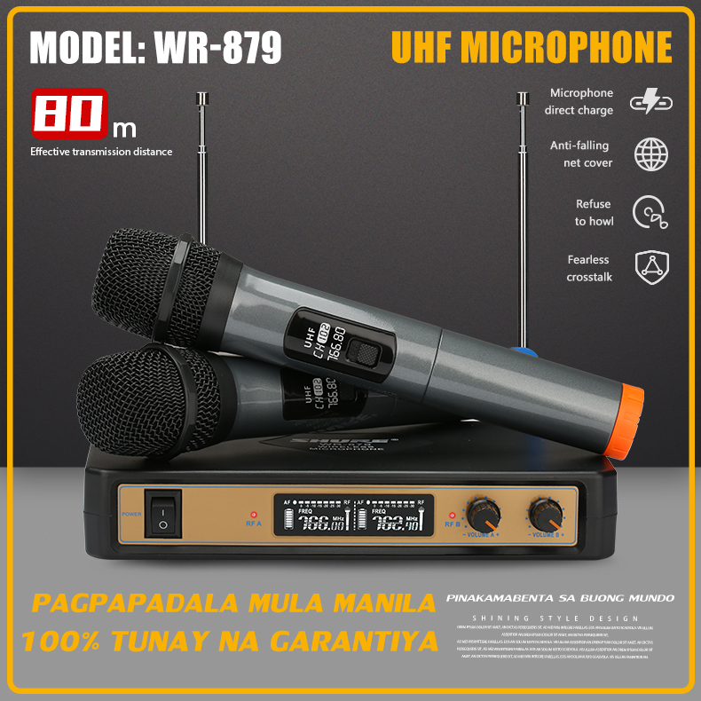 WR879 Wireless Microphone 2 handheld UHF FM 80M receiving distance