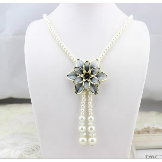 Women's Fashion Jewelry Flower Pendant Faux Pearl Tassels Necklace