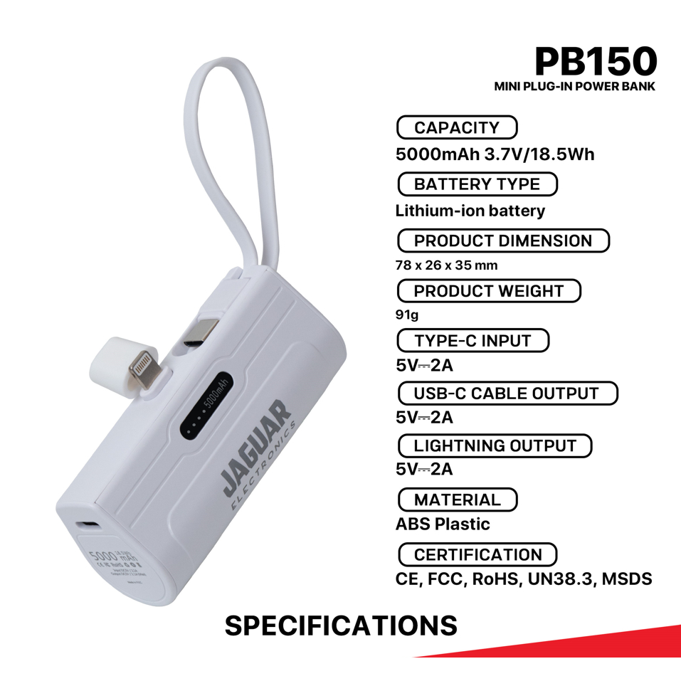Jaguar Electronics PB150 Mini Plug In Power Bank 5000mAh Lightning