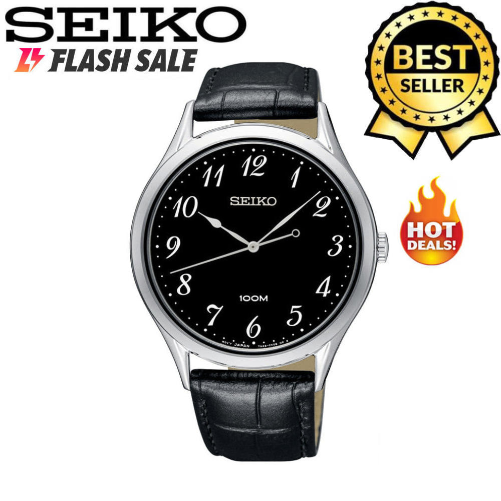Seiko SGE Quartz Neo Classic All Black Leather Strap Watch for Men