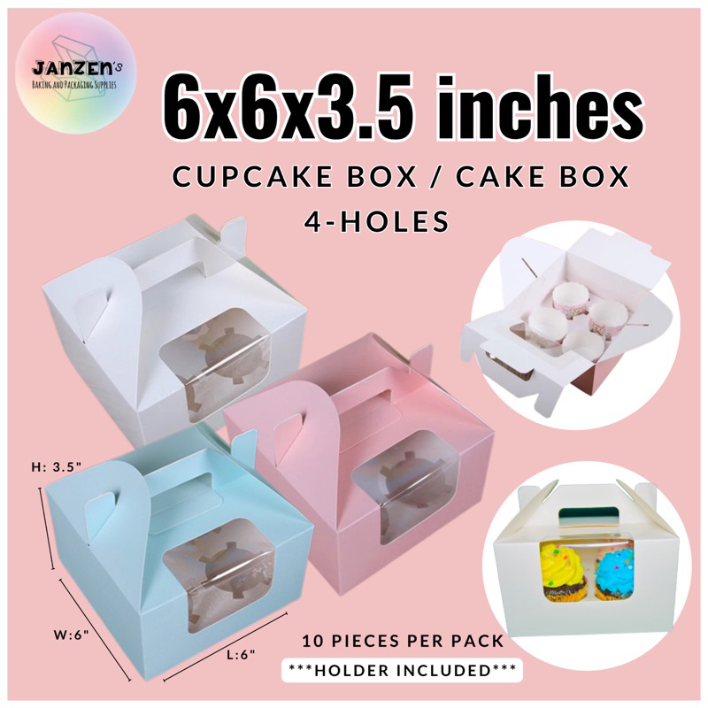 10pcs 6x6x3.5 inch (4 holes) Cupcake/Loot Box/Bento Cake Box with