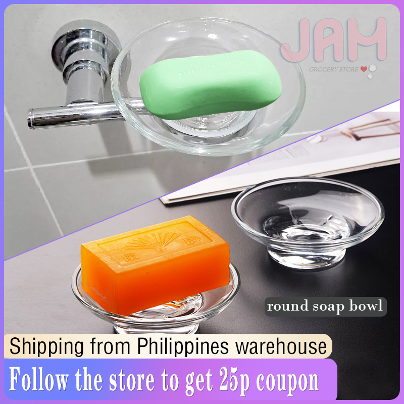 Round Soap Dish Glass Storage Box Clear Holder Accessories For Shower ...