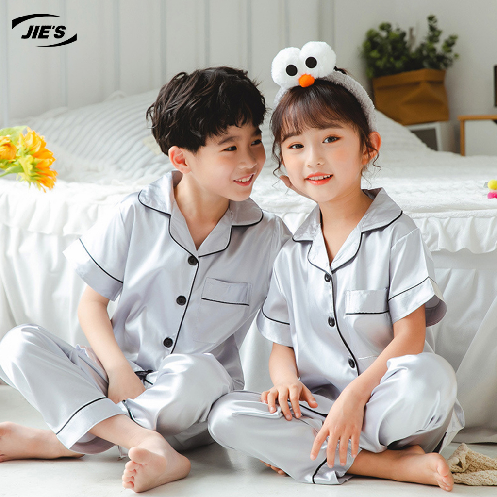 Jie's 2024 New Style Silk Plain Short Sleeve Pajamas for Kids Unisex ...