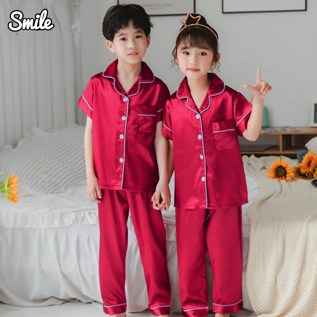 Smile 2024 New Style Silk Plain Short Sleeve Pajamas for Kids Unisex