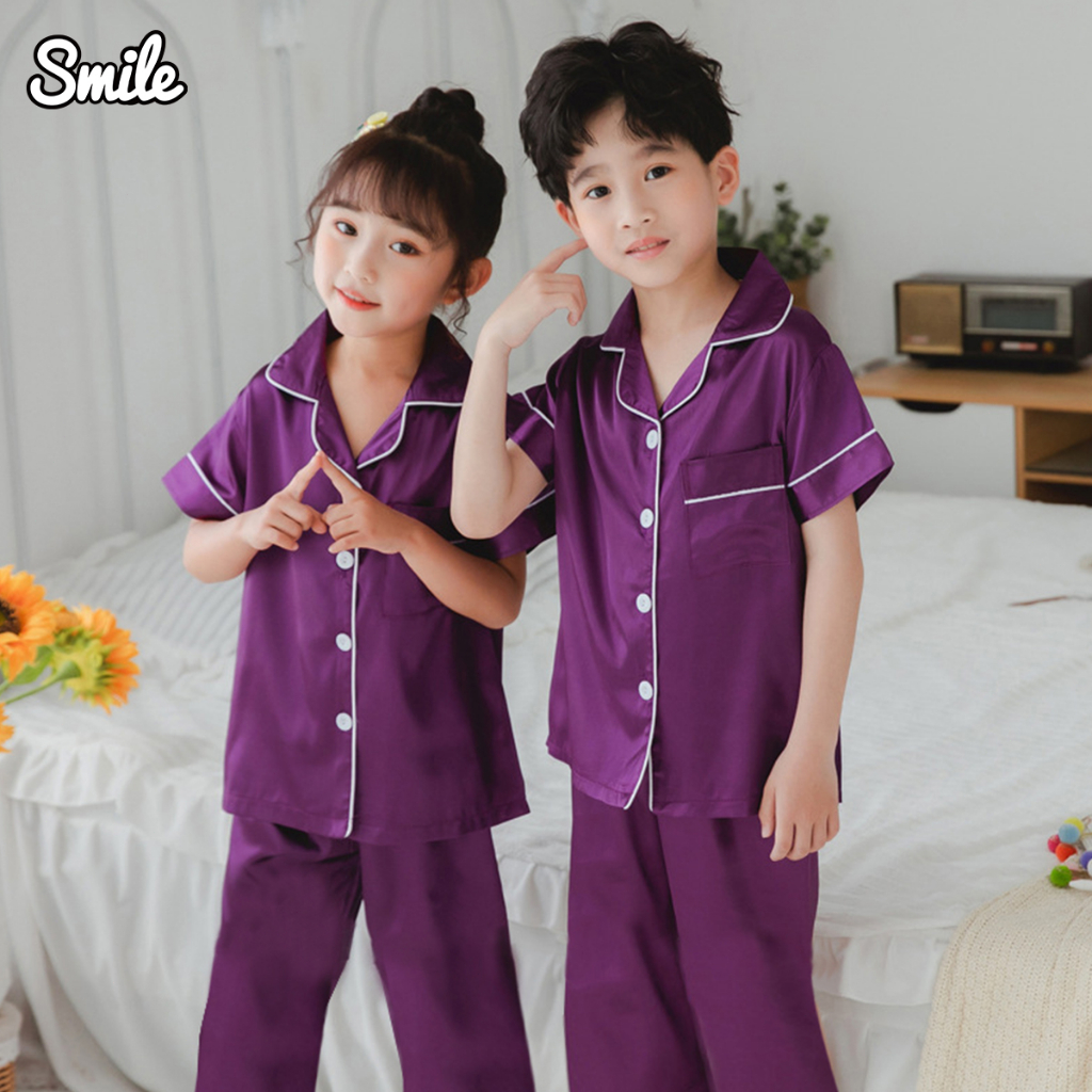 Smile 2024 New Style Silk Plain Short Sleeve Pajamas for Kids Unisex