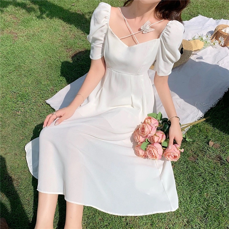korean long fitted plain white dress for woman casual formal elegant ...
