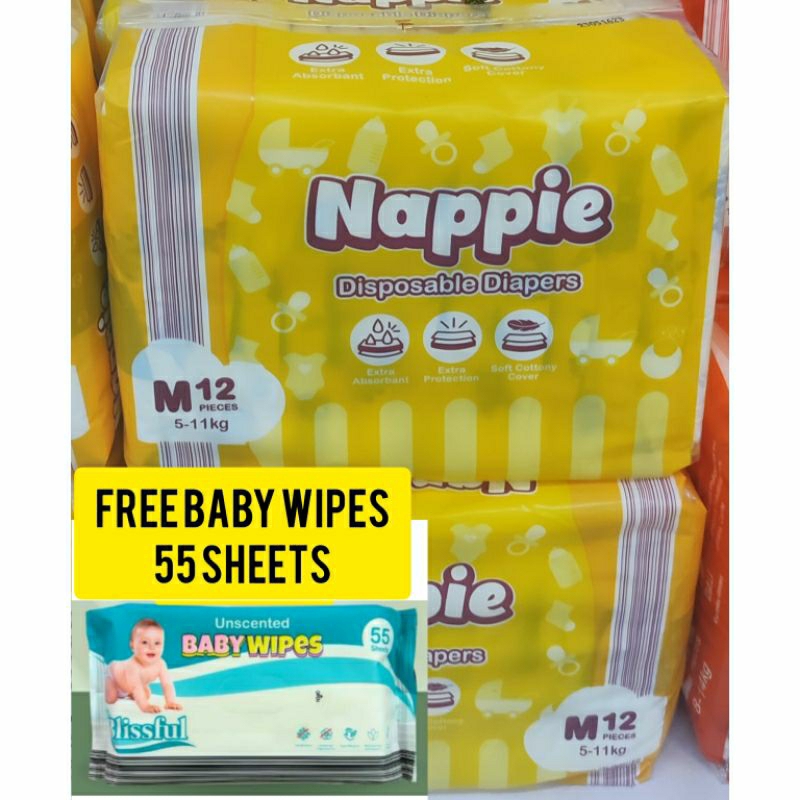 NAPPIE 12 PCS DISPOSABLE DIAPERS TAPED MEDIUM (FREE BABY WIPES