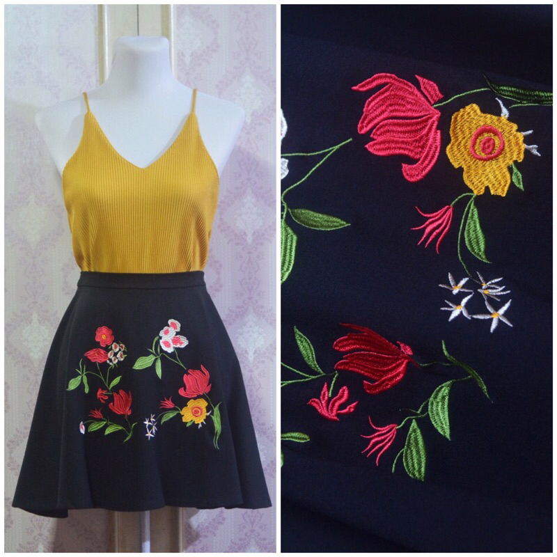 SPLASH Black Floral Embroidered Skater Skirt Shopee Philippines