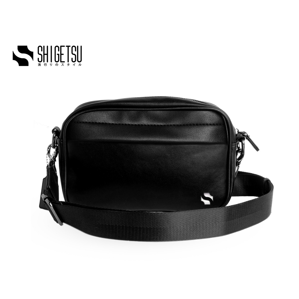 Shigetsu Midori Leather Sling Bag For Men Plain Black Crossbody