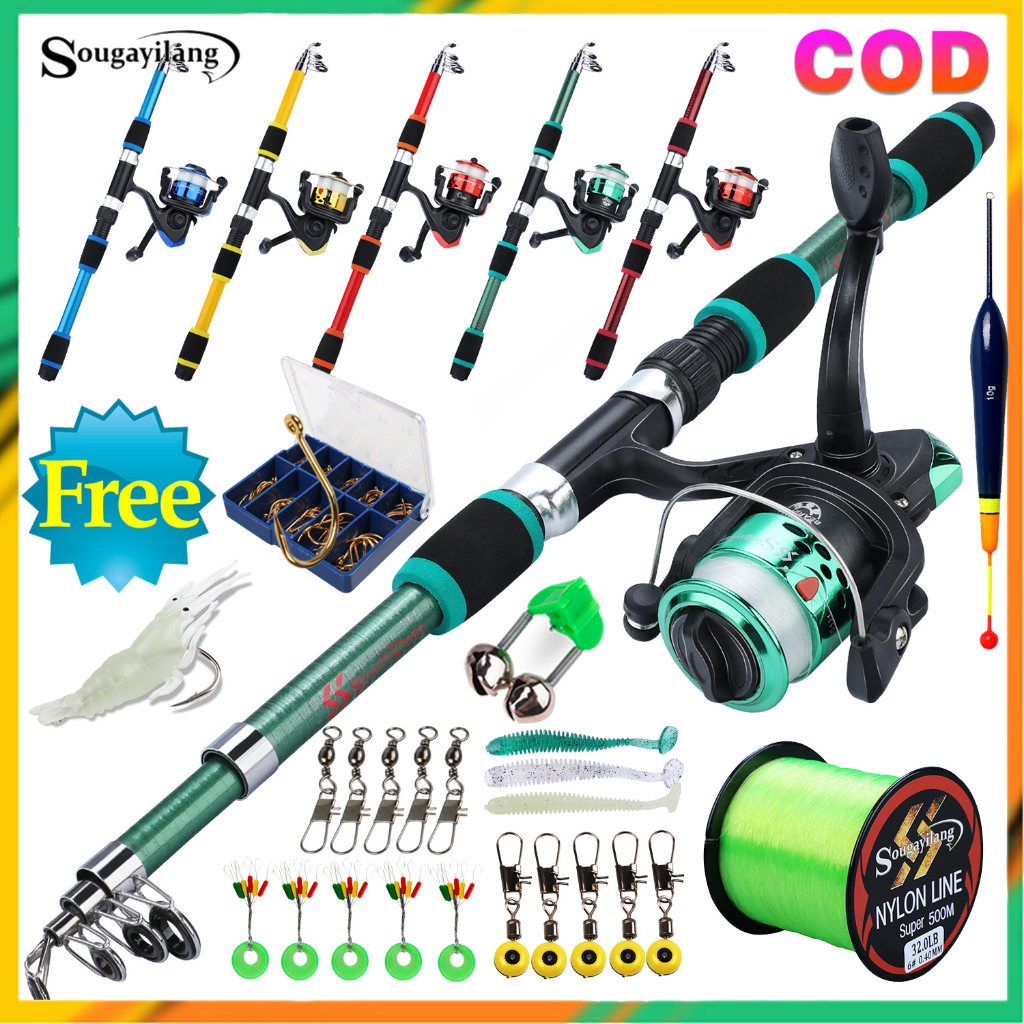 Sougayilang Fishing Rod Set Telescopic Rod Spinning Reel with Line Full Set  Travel Fishing Full Kit