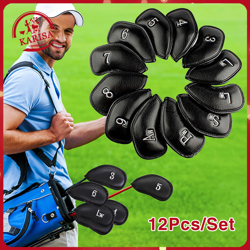 12Psc Golf Iron Covers Set Black Leather Golf Club Driver Head Cover