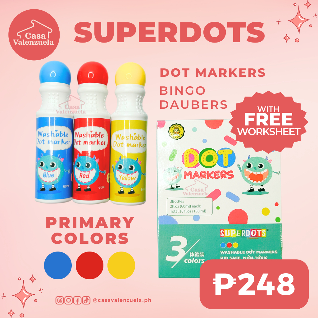ONHAND [FREE Worksheet] Superdots Primary Colors 3pc Bingo Dot Marker Kidsafe, NonToxic 60ml