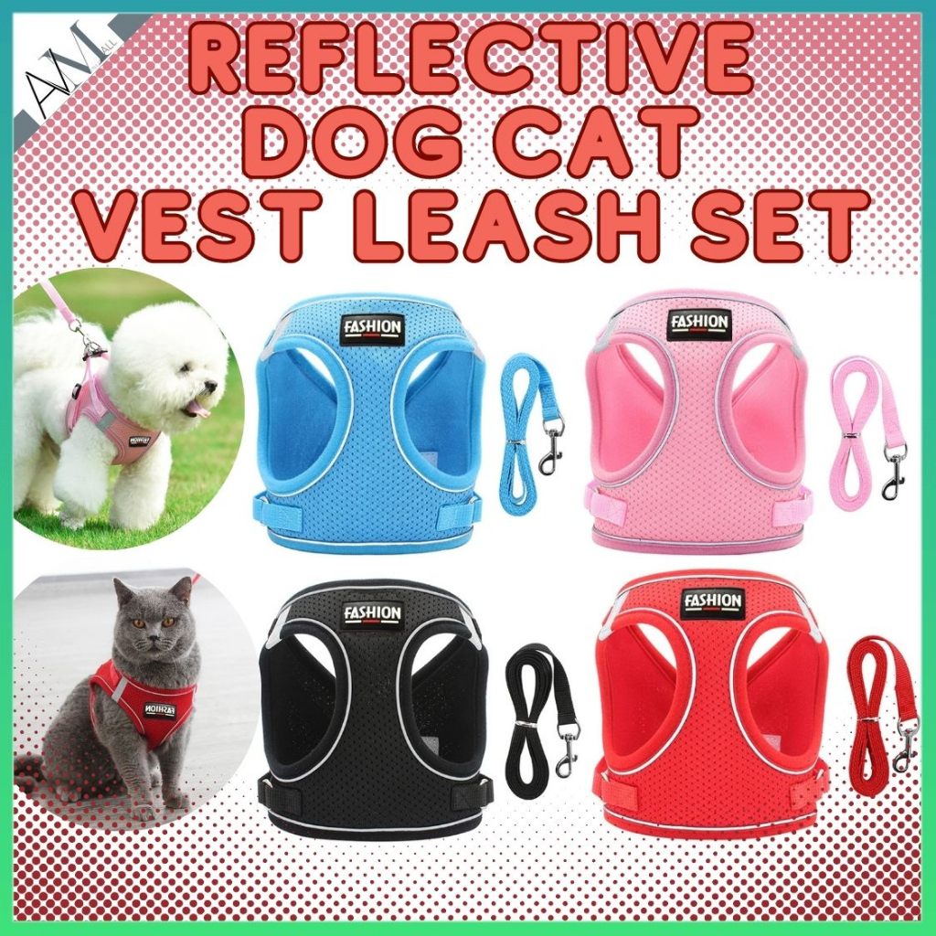 AVMALL Reflective Mesh Vest Harness Leash Set for Puppy Dog Cat Lead