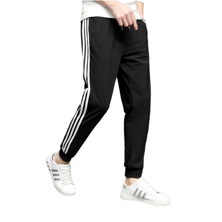 Knitted Fabric White stripe Loose Breathable Sports pants Elastic waist