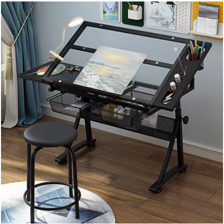 [With lamp] Drafting Glass Table With Extra Side Table Drawers And ...