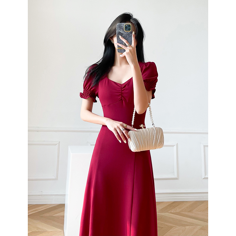 red plain dress for woman formal elegant midi women dress cocktail French style evening dress Shopee Philippines