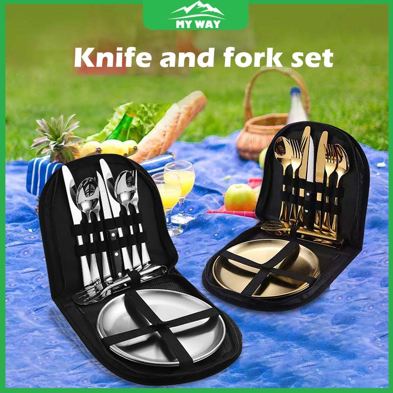 Portable Camping Picnic Cutlery Set With Plate Bottle Opener Outdoor