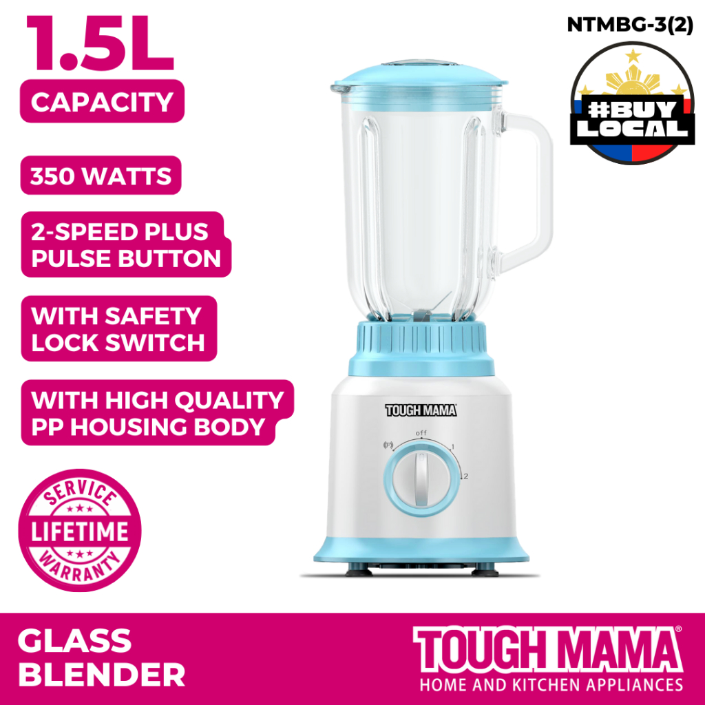 Tough Mama NTMBG3(2) Glass Blender 1.5L White/Blue Quality Motor