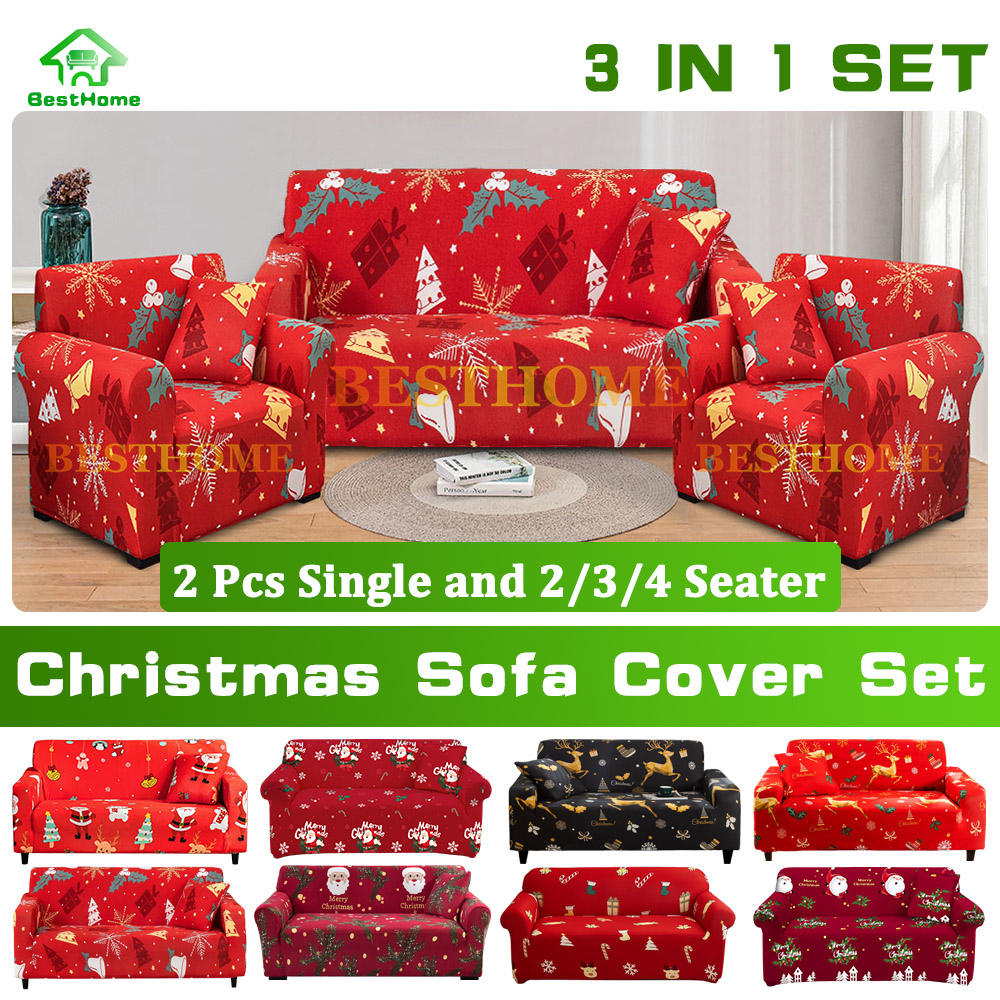 3 in 1 Christmas Sofa Cover Set of 2 Single and 2/3/4 Seater Stretch