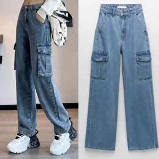 Semi High waist Wide Leg Cargo Pants 6 pocket With Belt For Women