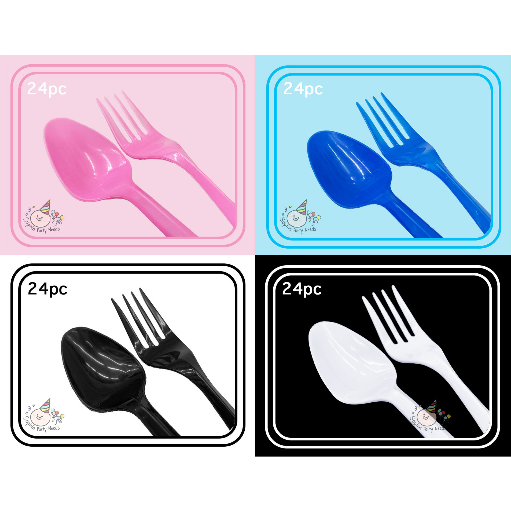 Plain Disposable Spoon and Fork Set (12 spoon 12 fork) Pink Blue Black