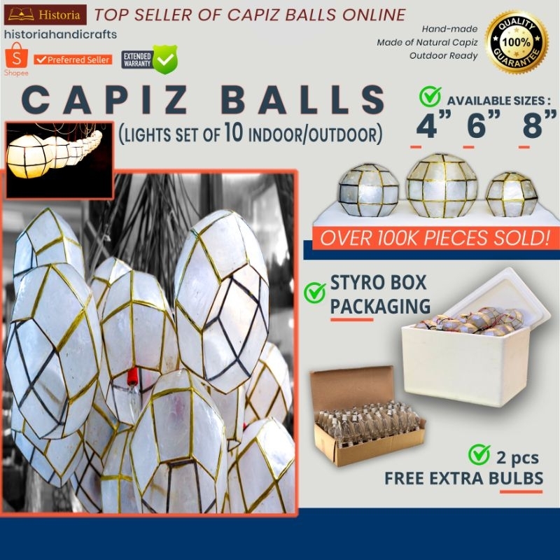 Capiz Ball with lights set of 10 indoor/outdoor FREE EXTRA BULB ...