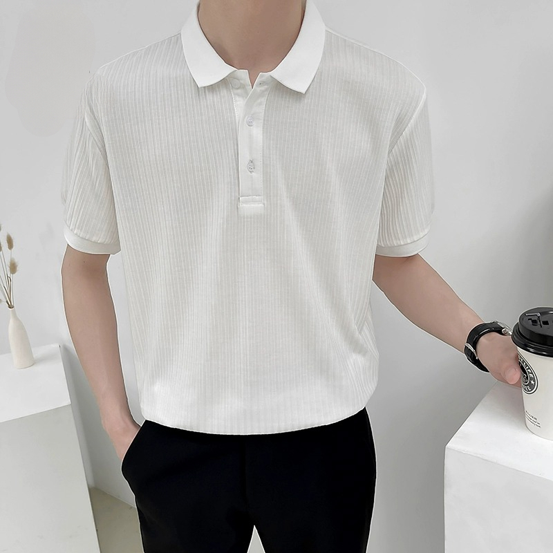 Rib Knitted Polo Korean Striped Texture Short Sleeve Polo Shirt Unisex ...