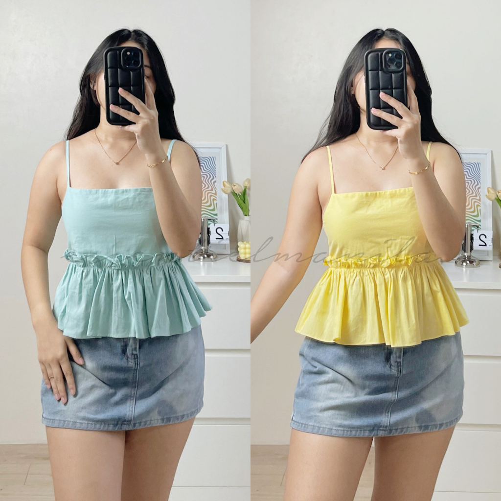 ESSENTIELMANILA Self-tie String Ruffles Peplum Top EM321 | Shopee ...