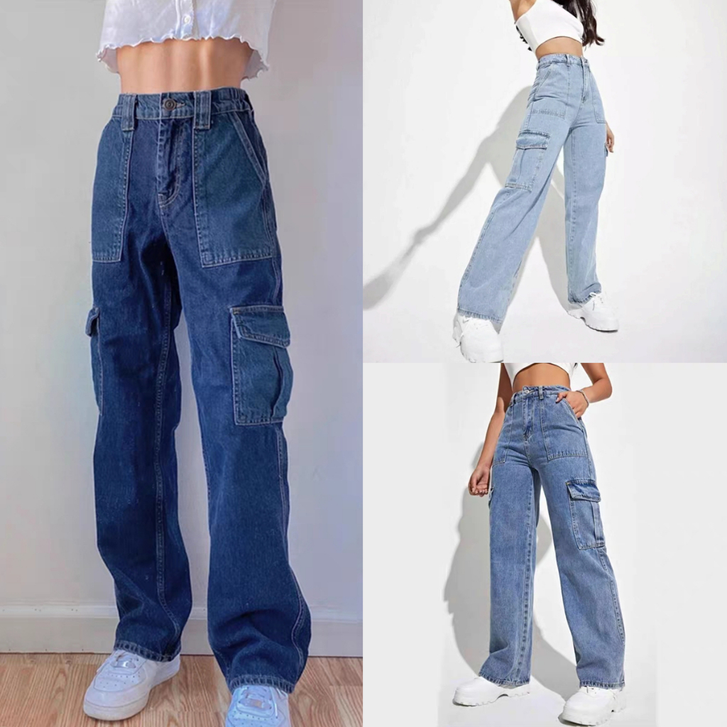 4 Colors Unisex Multi Pocket High Waist Boyfriend Jeans Ladies Loose ...