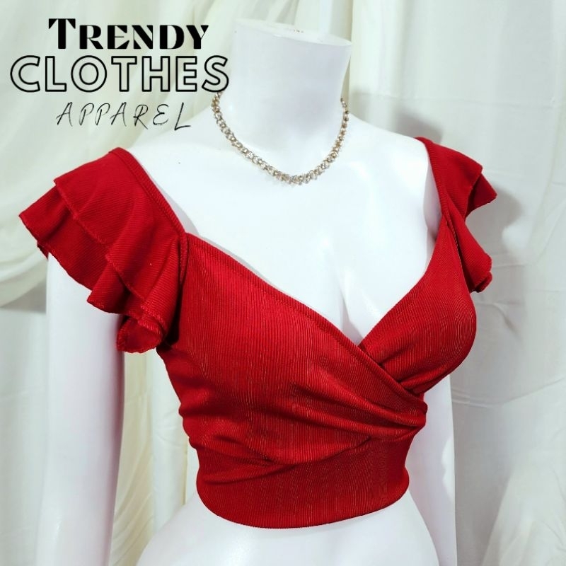 overlap double lining ruffle sleeves knitted cute korean top ( CECILE ...