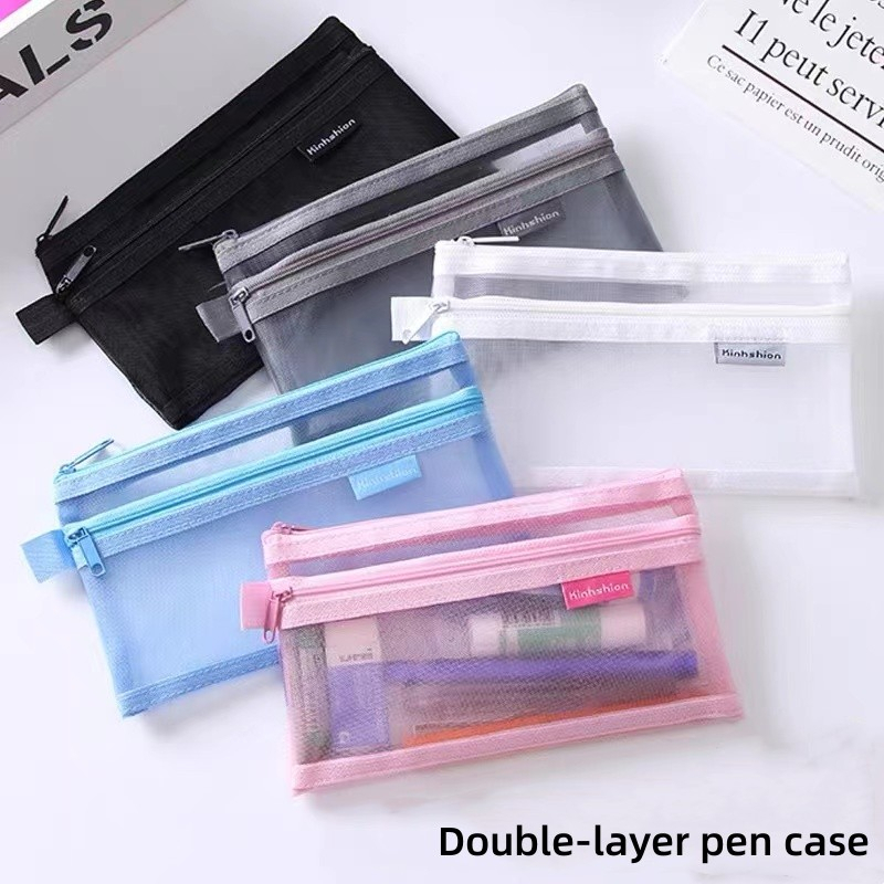 Transparent grid mesh pencil bag single double layer large capacity ...