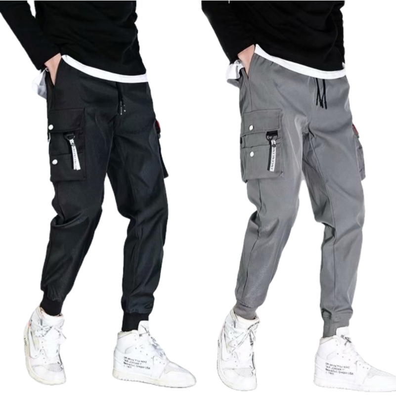 Korean Multiple pockets Cargo Pants Unisex Fashion Loose Elastic waist ...