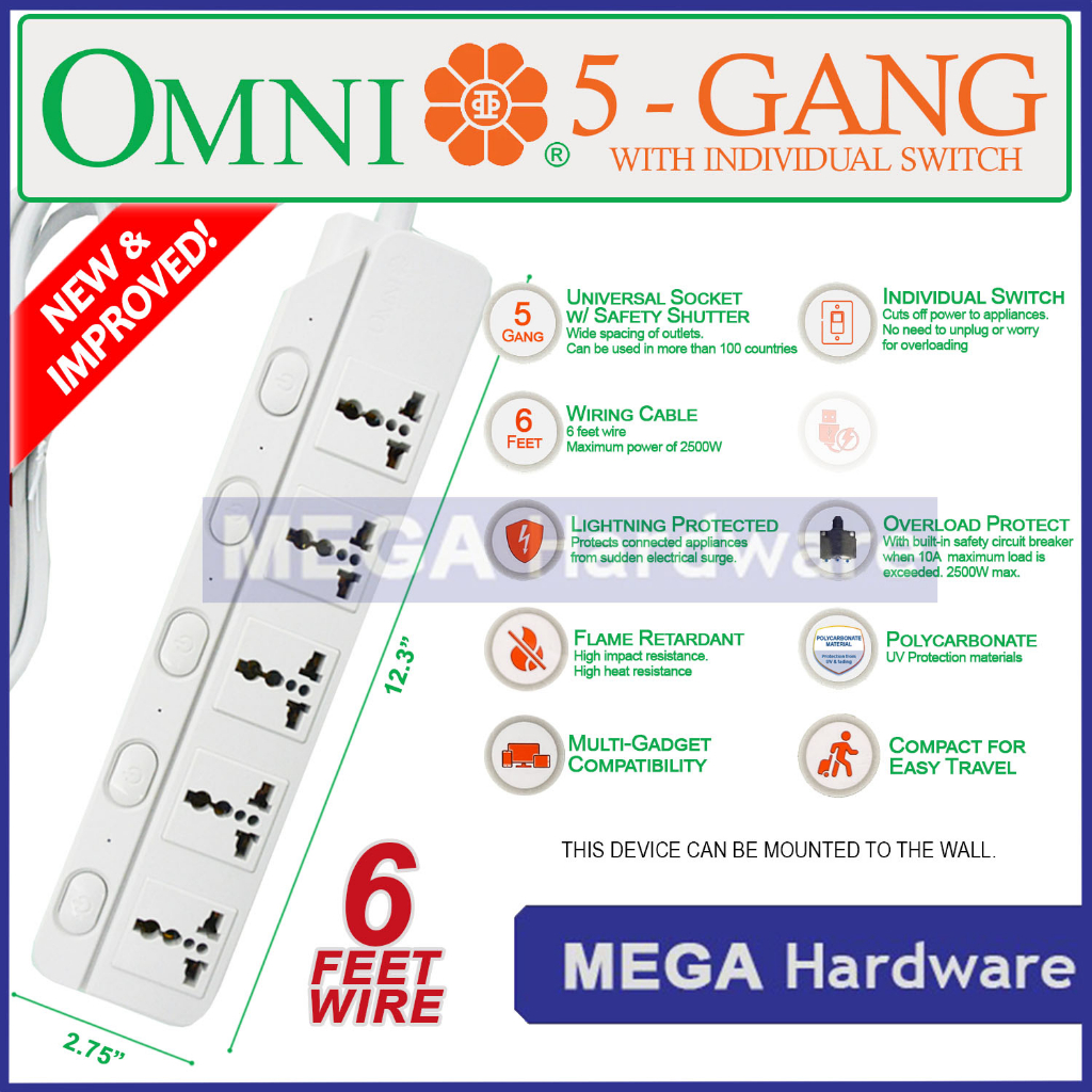 OMNI Main Switch or Individual Switch Extension Cord 3 Gang, 4 Gang, 5 ...
