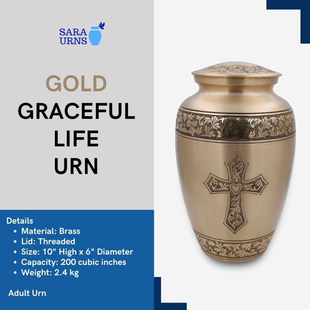 [saraurnsph] Gold Graceful Life Brass Metal Urn Cremation Urn Jar Cross