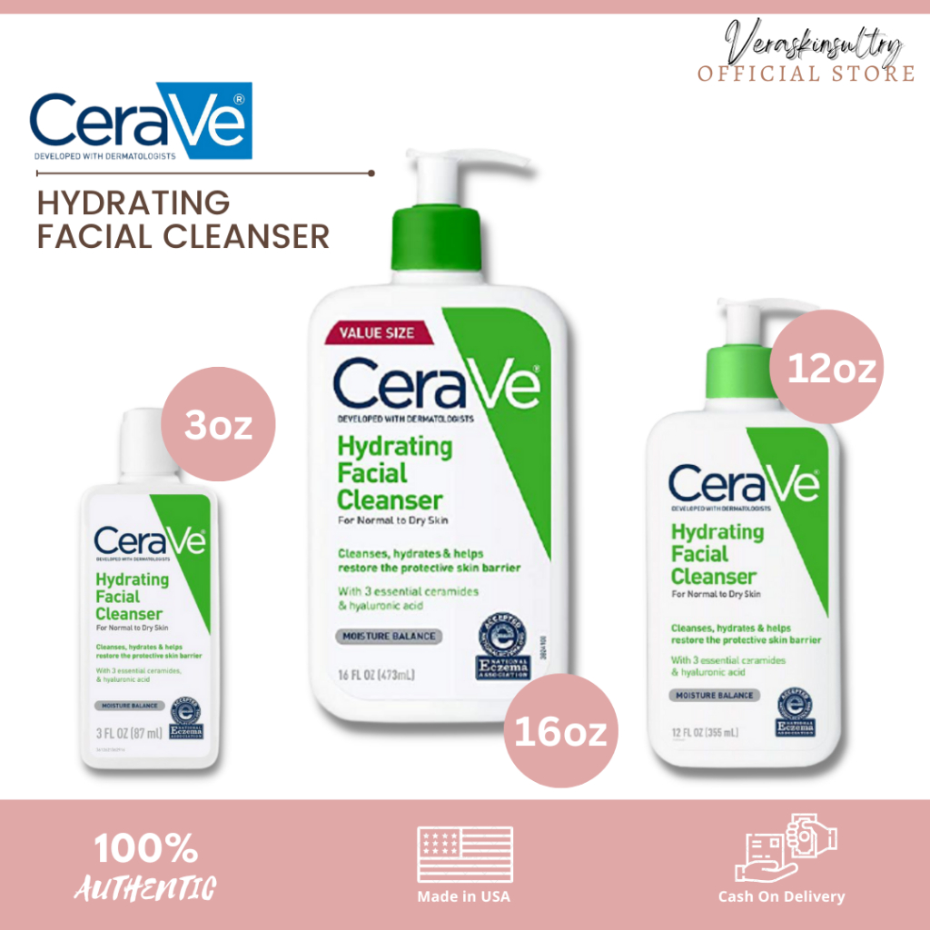 CeraVe HYDRATING FACIAL CLEANSER 16oz/12oz/3oz 100% Authentic | Shopee ...