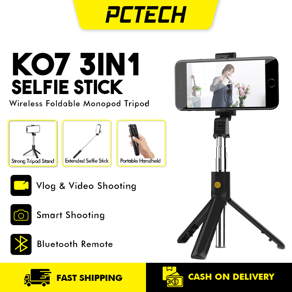 Popcorn K07 Selfie Stick 3 In 1 Wireless Bluetooth For Android Foldable Handheld Monopod Tripod