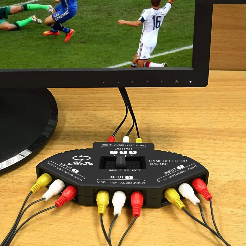 4 in 1 out Audio Video Switcher 3 Way AV Selector Switch Box Multi