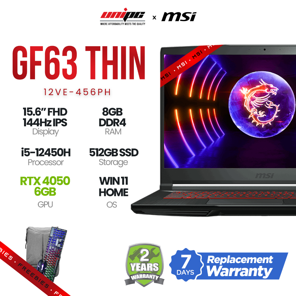 Msi Gf63 Thin 12ve 456ph Laptop Intel Core I5 12450h 8gb 512gb 156 In Ips 144hz Rtx4050 Win 3037