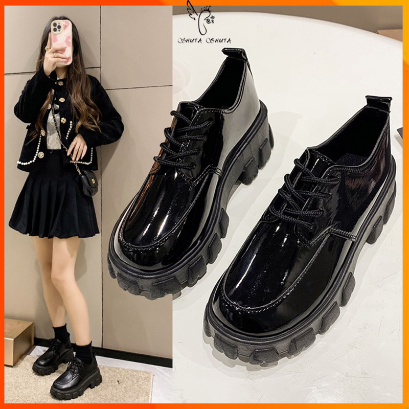 #802 Platform British Style New Korean High heel black Shoes school ...