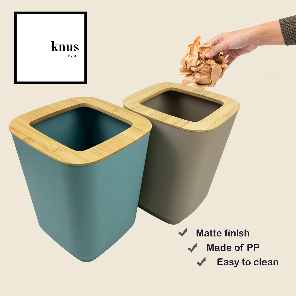Plastic Trash Bin Square Bamboo Ring Open Top Lid Garbage Container Bin