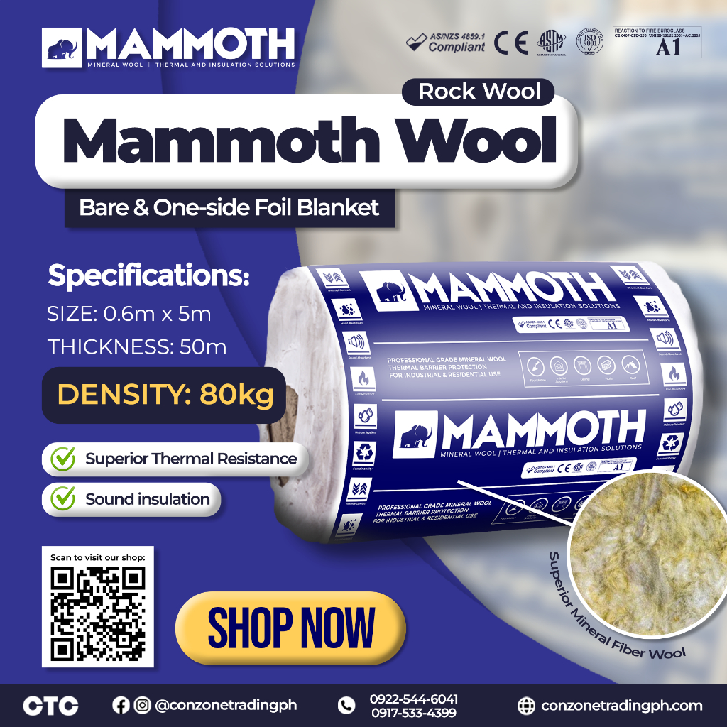 Mammoth Rockwool Insulation Bare (No foil) 80kg density (.6m x 5m x 50mm) Thermal Insulation