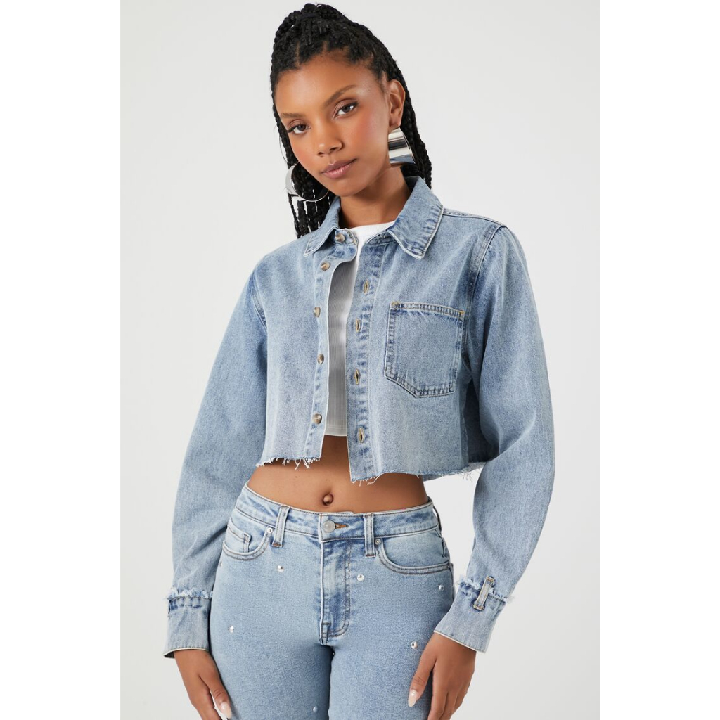 Forever 21 Women's Frayed Cropped Denim Shirt Shopee Philippines