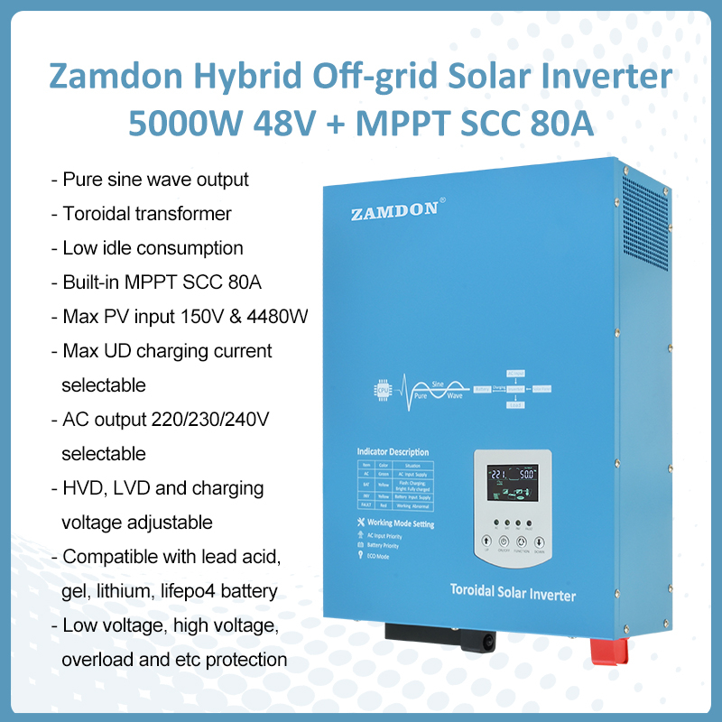 Zamdon 5KW 48V Toroidal Hybrid Off-grid Solar Inverter with 80A MPPT ...
